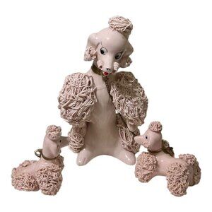Pink Spaghetti French Poodle Puppies Porcelain Figurines Gold Collar Japan 50's